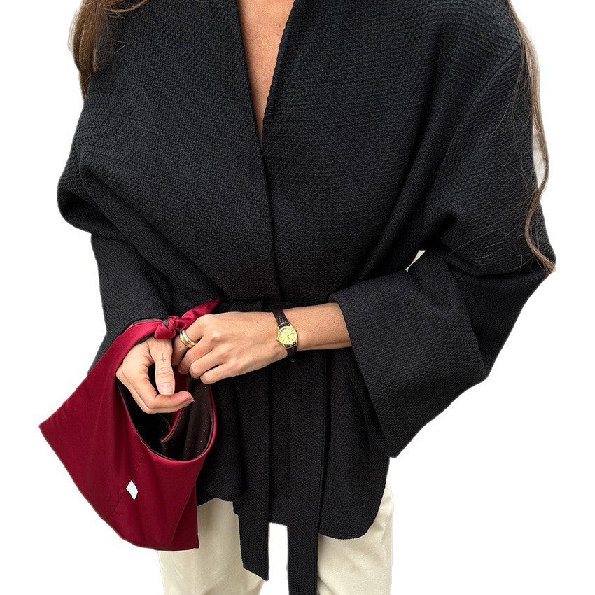Damen lässige Waffelstoffjacke mit Taillengürtel Stalluxe