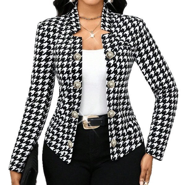 Damen Elegante Blazerjacke im Hahnentritt-Muster mit glänzenden Knöpfen Stalluxe