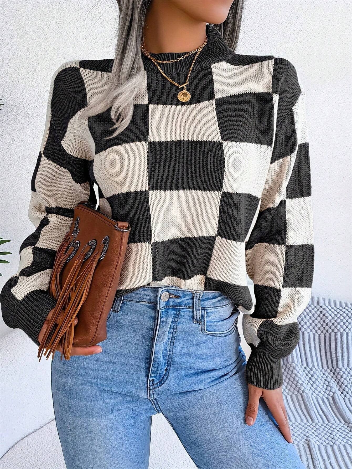 Damen lässiger pullover mit Karo-Muster und weiten Ärmeln Stalluxe