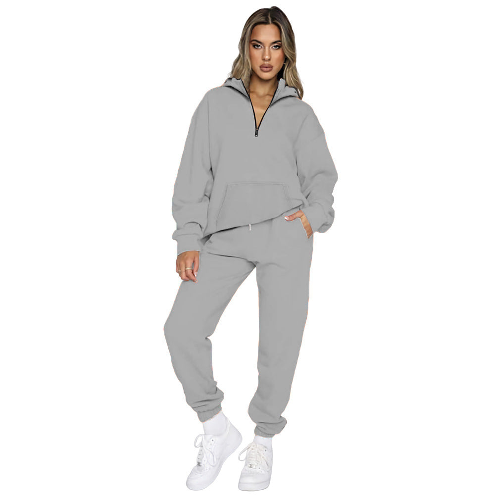Damen gemütlicher Two-Piece Sweatsuit mit halbem Reißverschluss und praktischen Taschen Stalluxe