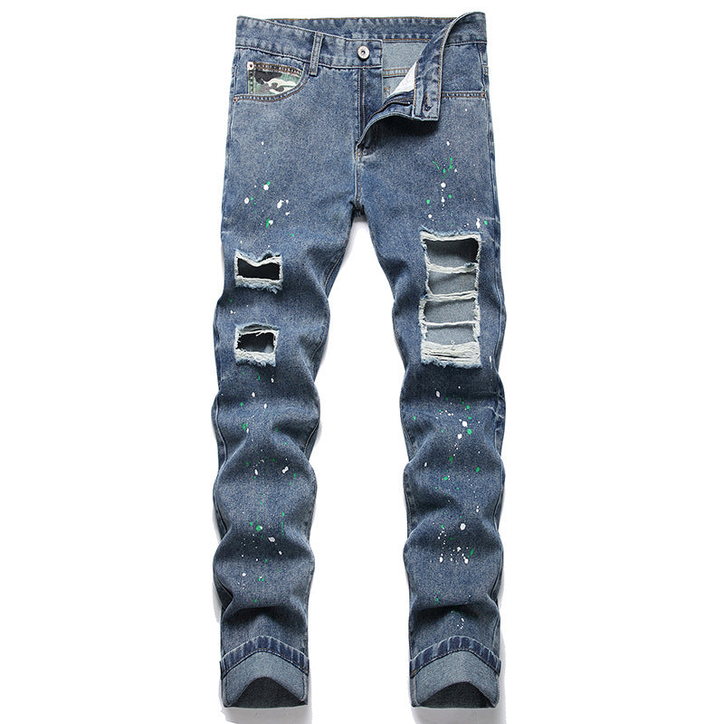 Herren Ripped Denim-Jeans mit kreativen Farbklecksen und lässigem Schnitt Stalluxe