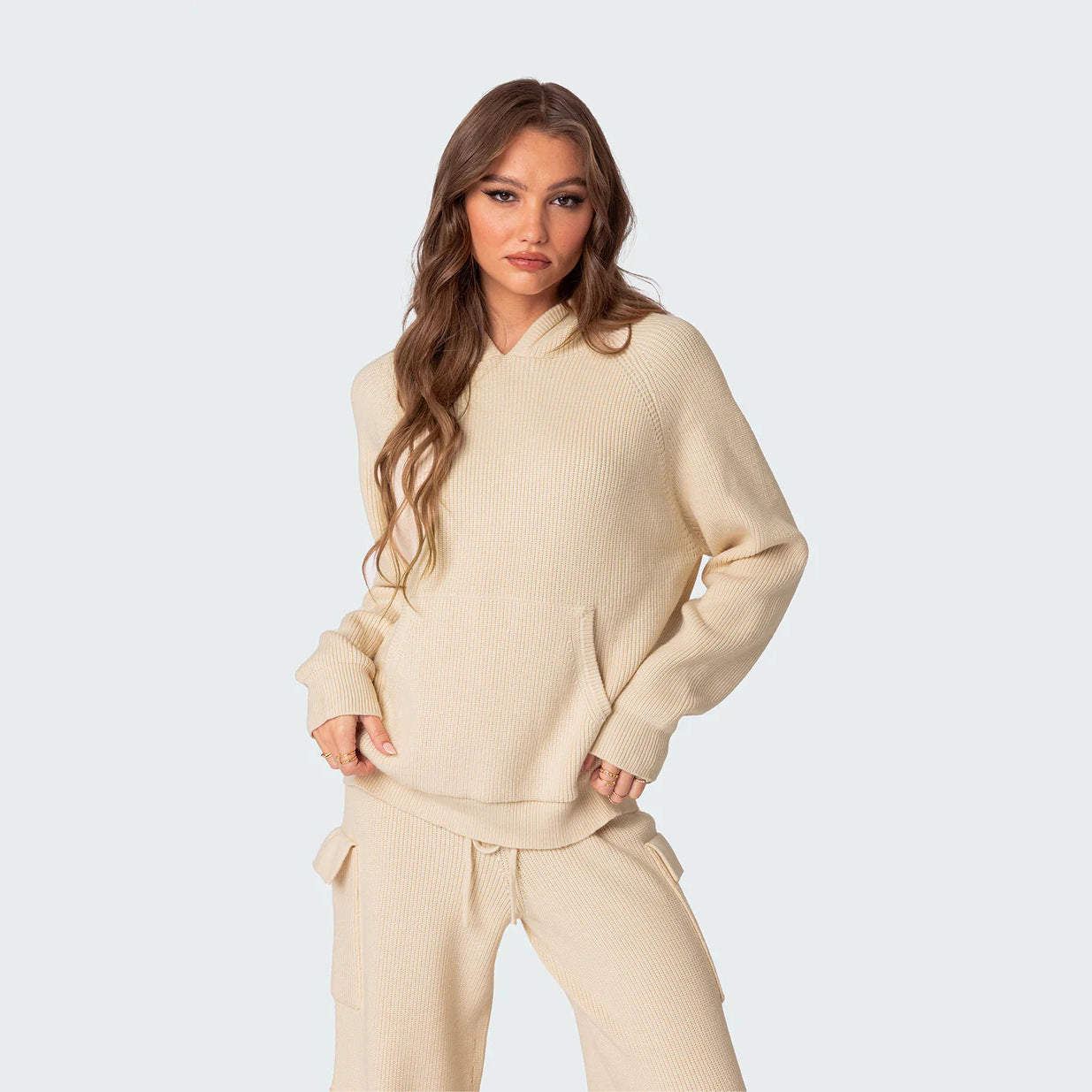 Damen lässiger Hoodie im Rippdesign mit praktischer Kängurutasche Stalluxe
