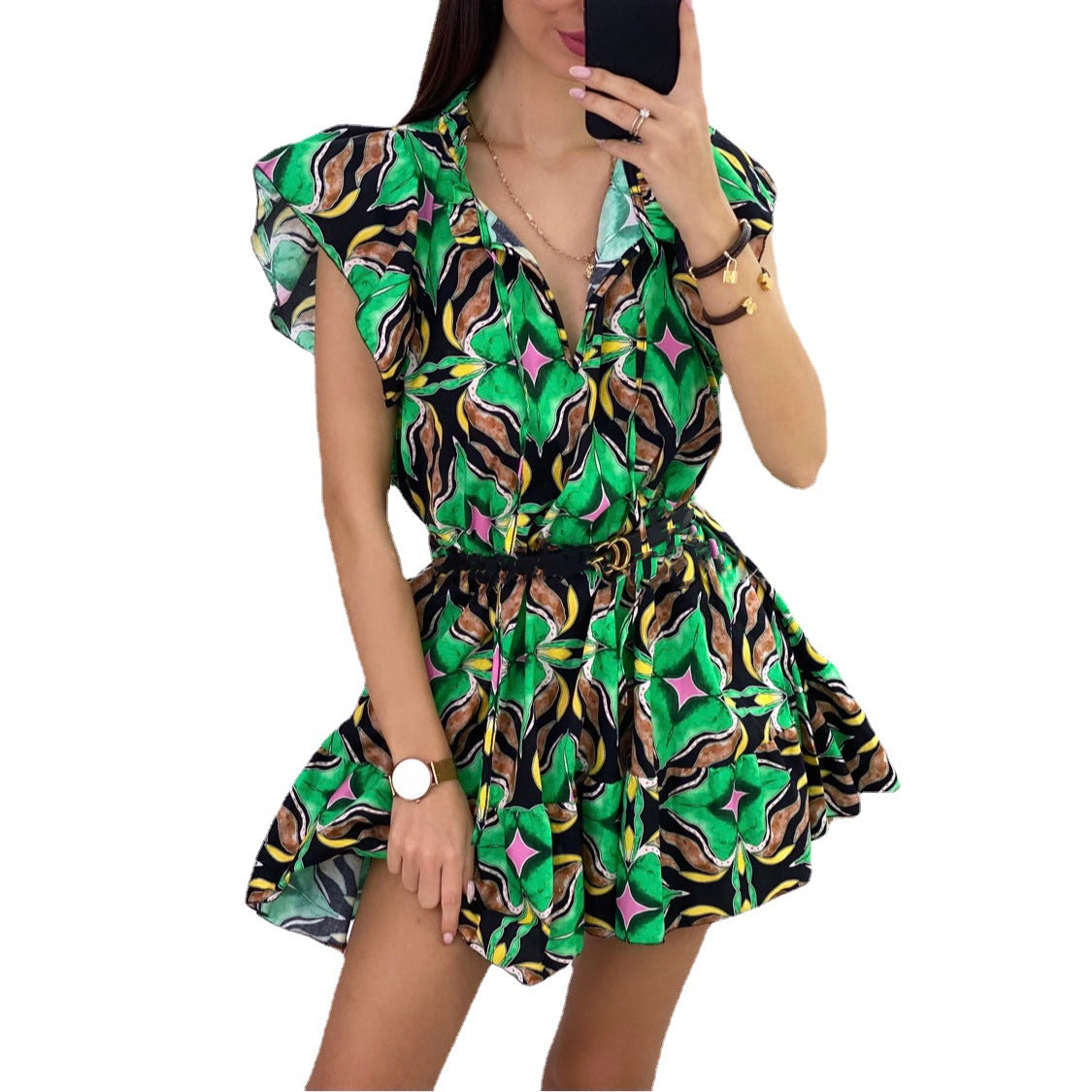 Damen Kurzes Hemdblusenkleid mit voluminösen Ärmeln und floralem Druck Stalluxe