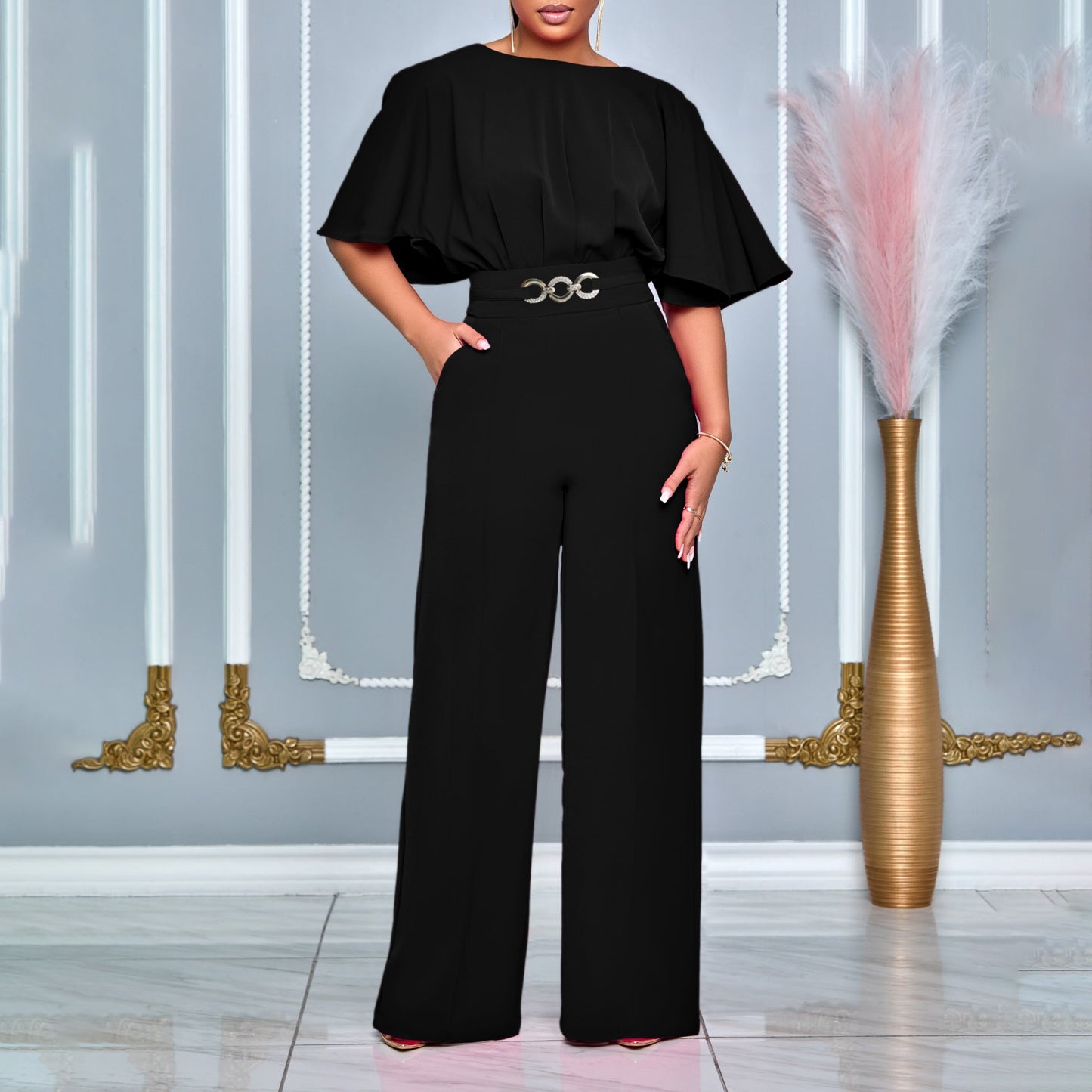Damen Eleganter Jumpsuit mit weitem Bein und dekorativem Gürtel Stalluxe
