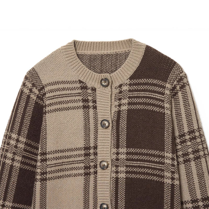 Damen modischer Karoknit-Pullover mit Knopfleiste und Rundhalsausschnitt Stalluxe