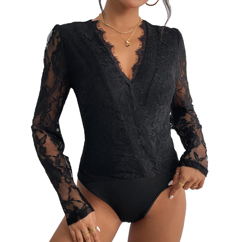 Damen Body mit romantischer Spitze und tiefem V-Ausschnitt Stalluxe