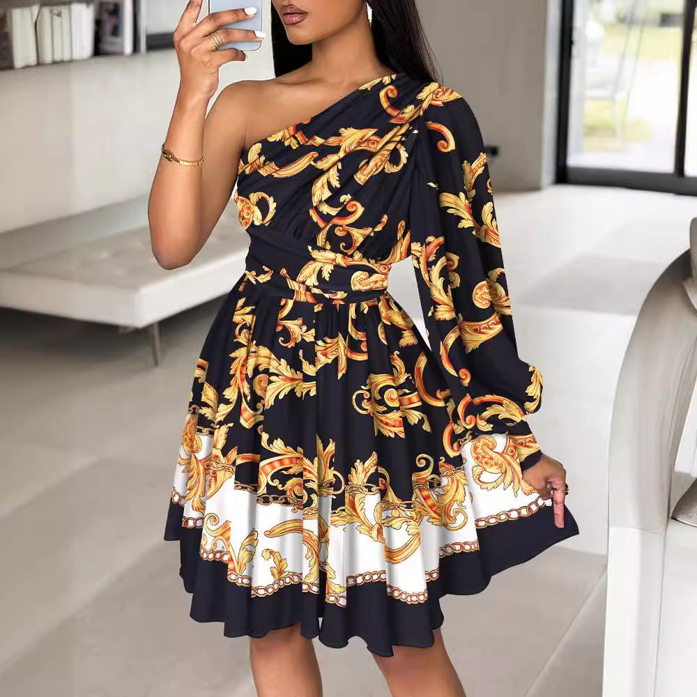Damen Florales Cocktailkleid mit asymmetrischem Träger-Design und voluminösen Ärmeln Stalluxe