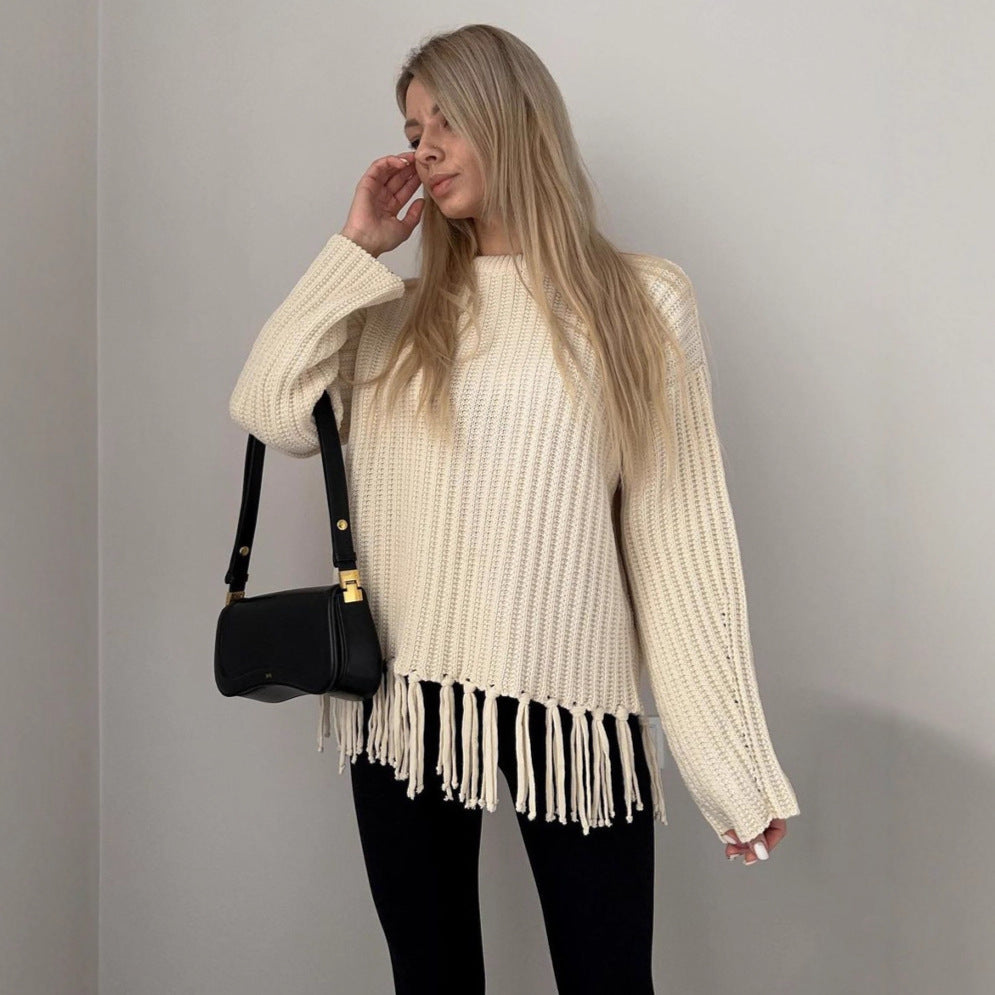 Damen lässiger Strickpullover mit Fransen Stalluxe