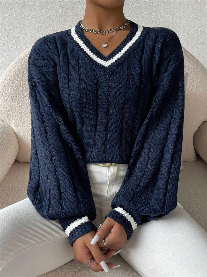 Damen Strickpullover mit modischem V-Ausschnitt und elegantem Zopfmuster Stalluxe