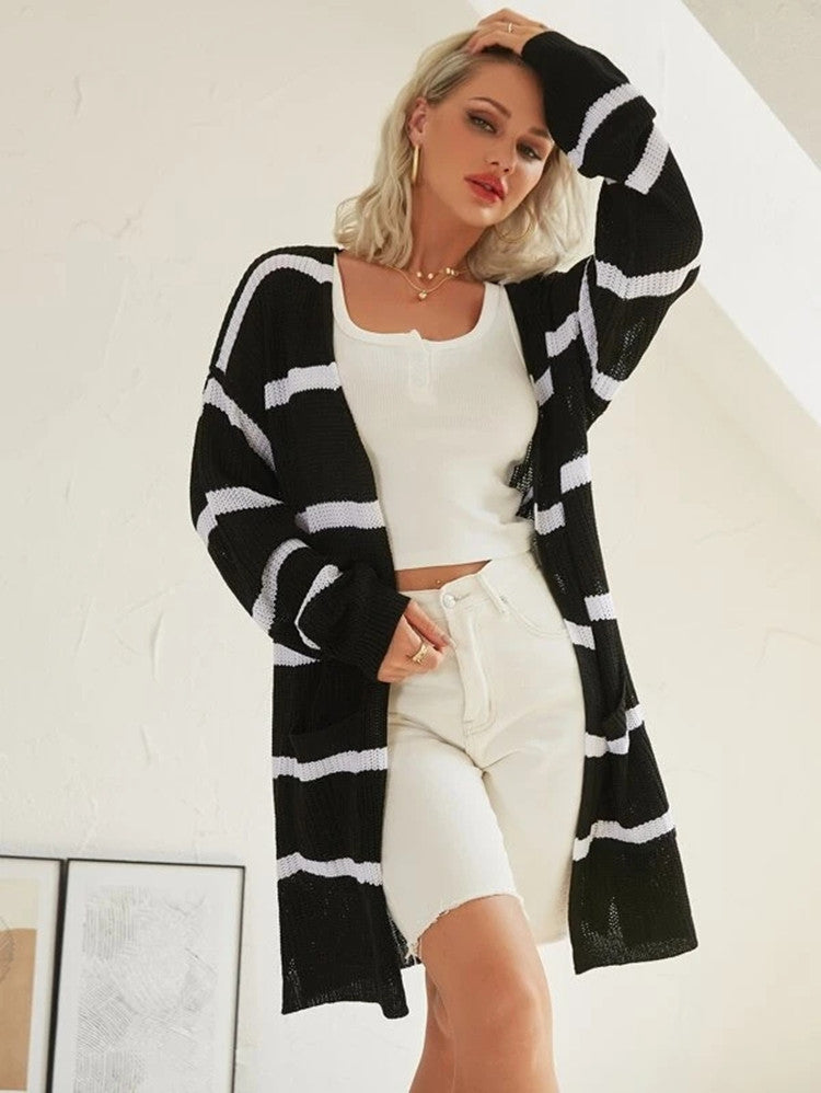 Damen Langer Strickcardigan mit Streifenmuster und offenem Design Stalluxe