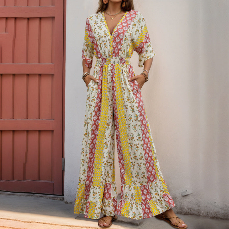 Damen Maxi-Jumpsuit mit floralen Mustern und voluminösen Ärmeln Stalluxe