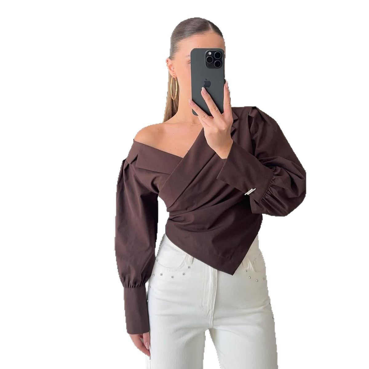 Damen Elegante Wickelbluse mit asymmetrischem Schnitt und Puffärmeln Stalluxe