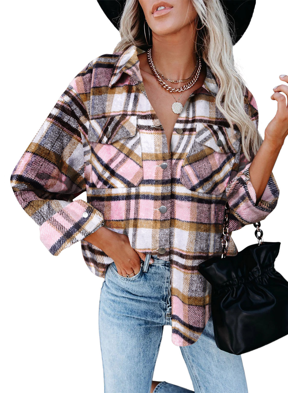 Damen Karo-Hemdenjacke im Oversized-Stil mit Druckknopfverschluss Stalluxe