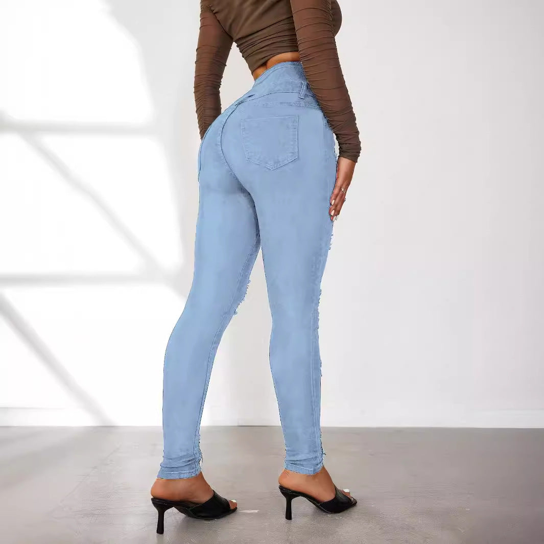 Damen High-Waist Jeans mit modischen Riss- und Knopfdetails Stalluxe