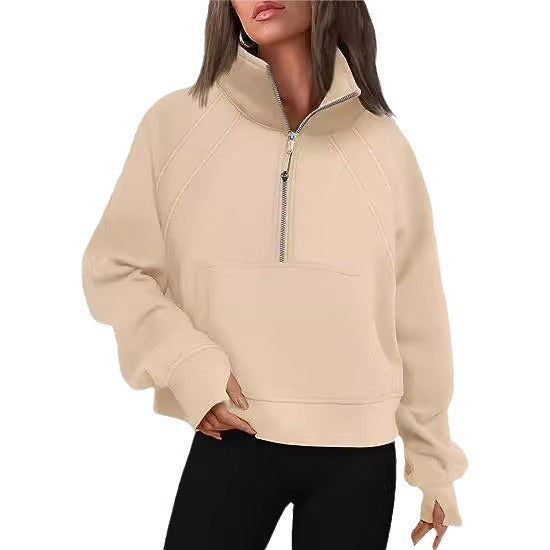 Damen sportlicher Pullover mit halbem Reißverschluss und Kängurutasche Stalluxe