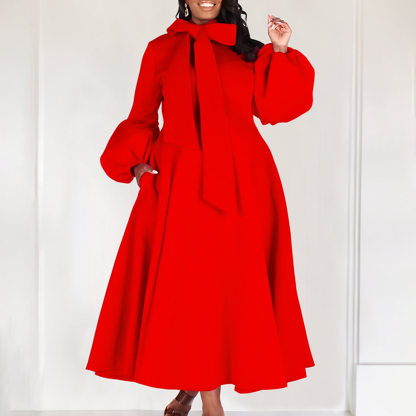 Damen Midikleid mit eleganten Schleifenärmeln und schwingendem Rock Stalluxe