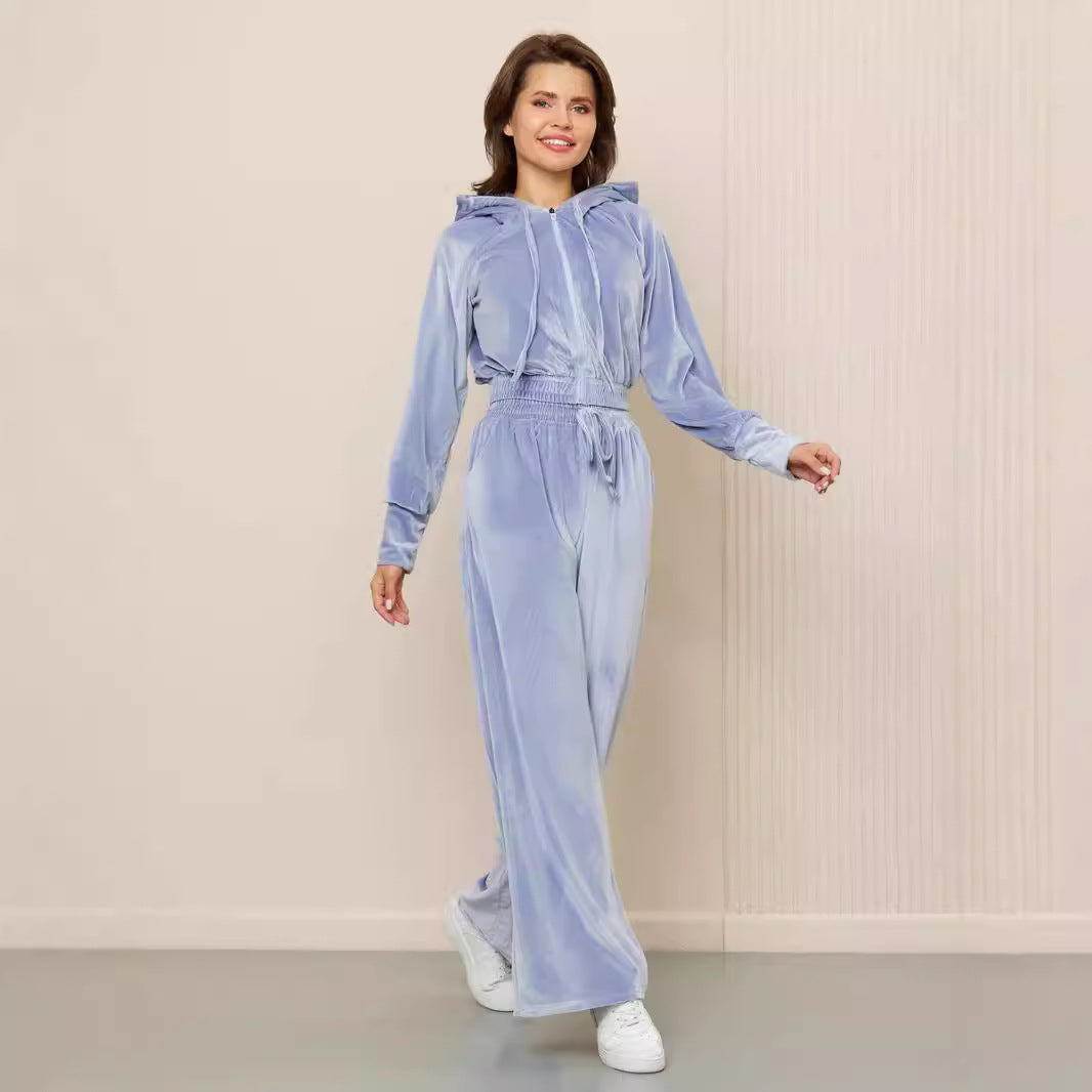 Damen luxuriöser Velours-Hoodie und weite Hose Set Stalluxe