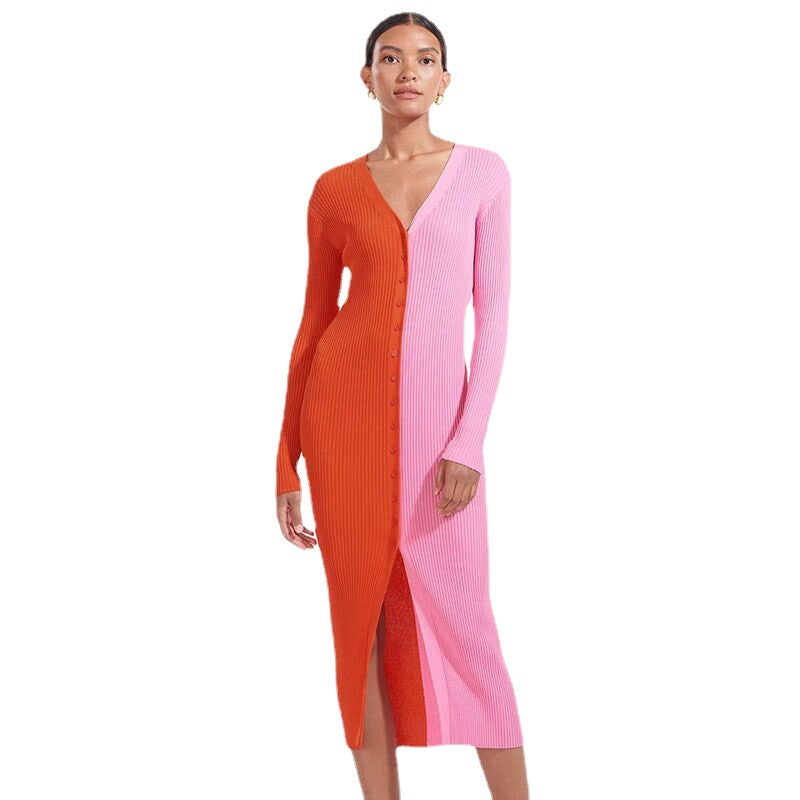 Damen Knopf-Design Maxikleid mit tiefem V-Ausschnitt und Rippstruktur Stalluxe