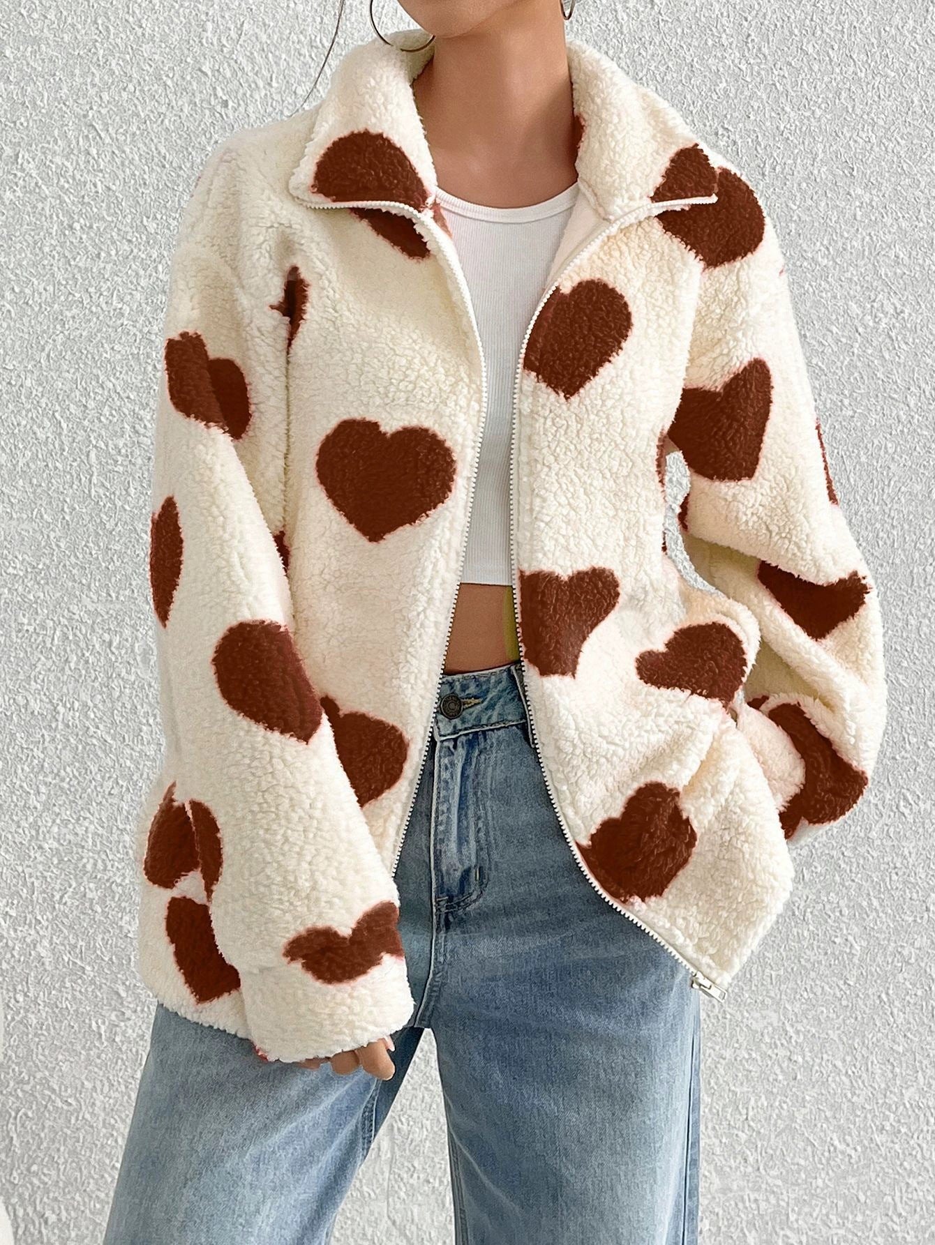 Damen kuschelige Fleecejacke mit herzförmigem Muster und hohem Kragen Stalluxe