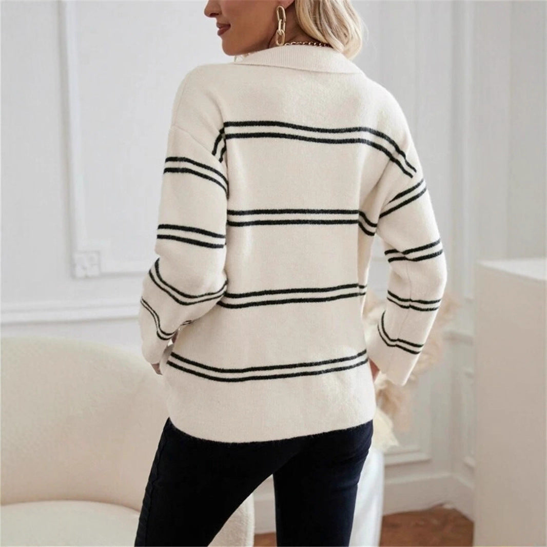 Damen lässiger Pullover mit Polo-Kragen und gestreiftem Design Stalluxe