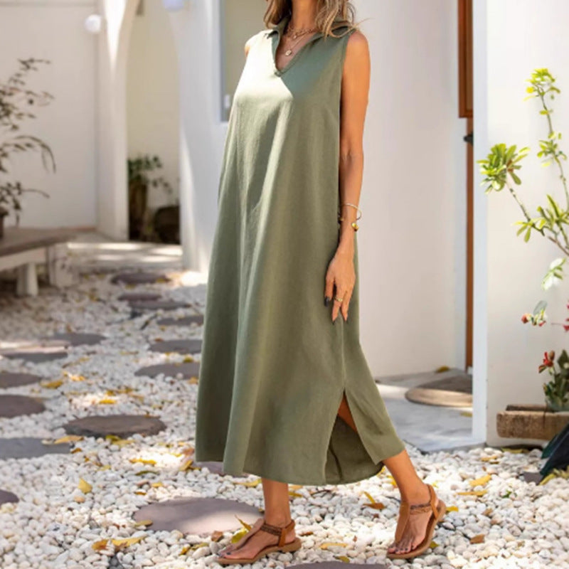 Damen Lässiges Maxikleid mit seitlichen Schlitzen und modischem Kragen Stalluxe