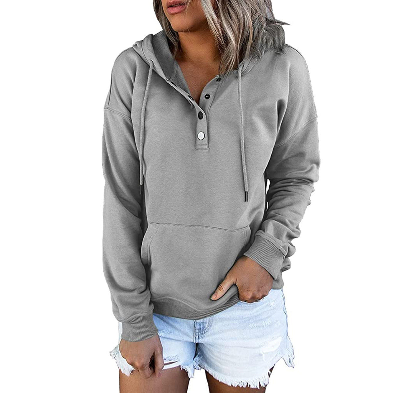 Damen lässiger Hoodie mit Knopfleiste und Kängurutasche Stalluxe