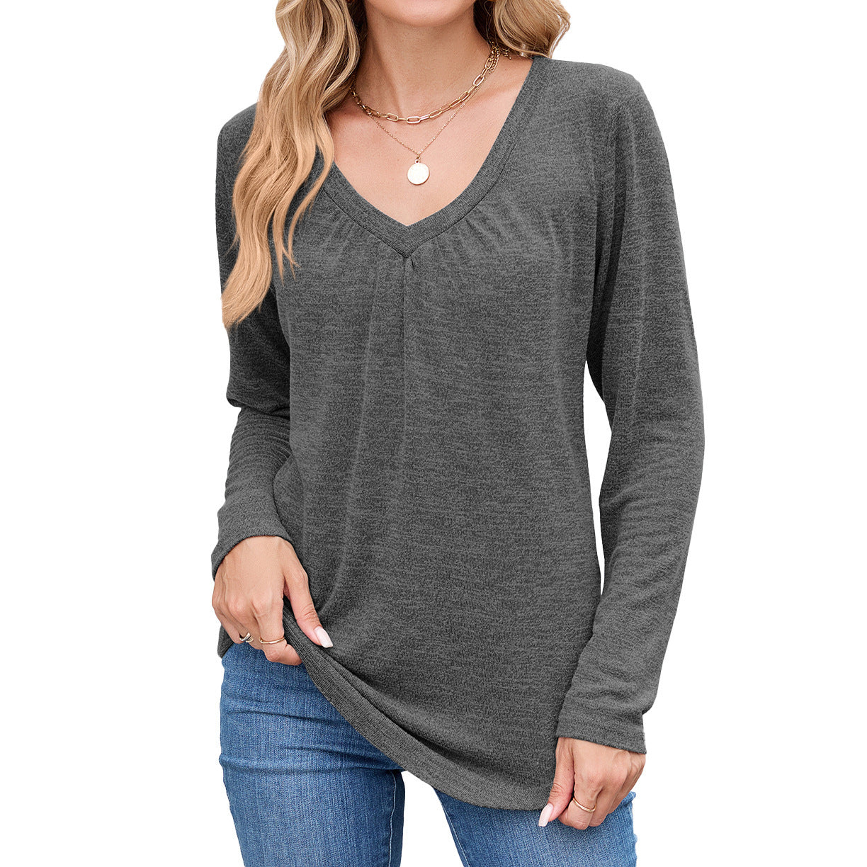 Damen lässiges Langarmshirt mit V-Ausschnitt und Falten Detail Stalluxe