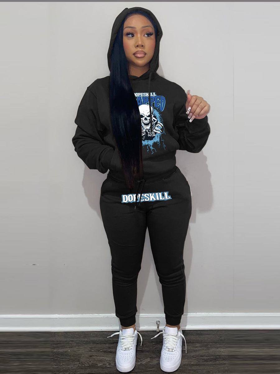 Damen Hoodie und Jogginghose Set mit auffälligem Skelettmotiv Stalluxe