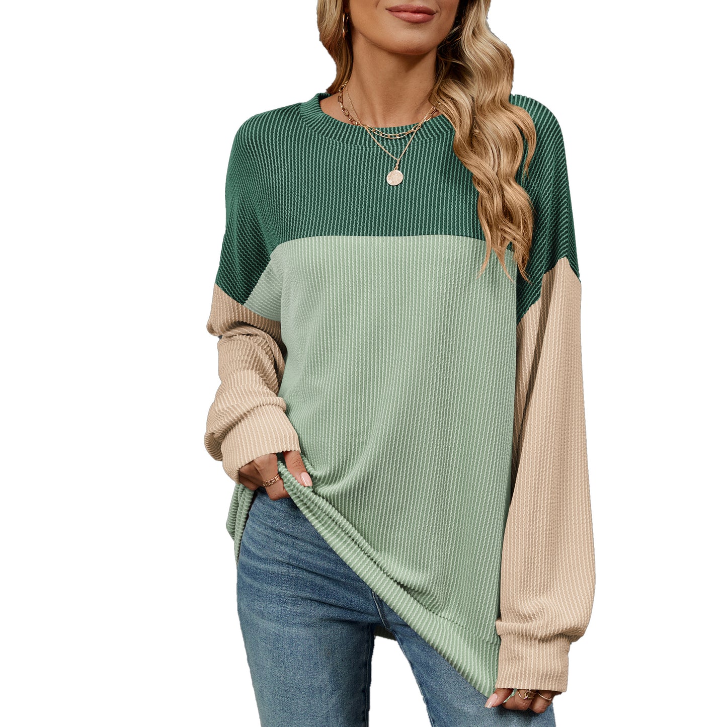 Damen Sweatshirt mit modischem Rippdesign und farblich abgesetzten Ärmeln Stalluxe
