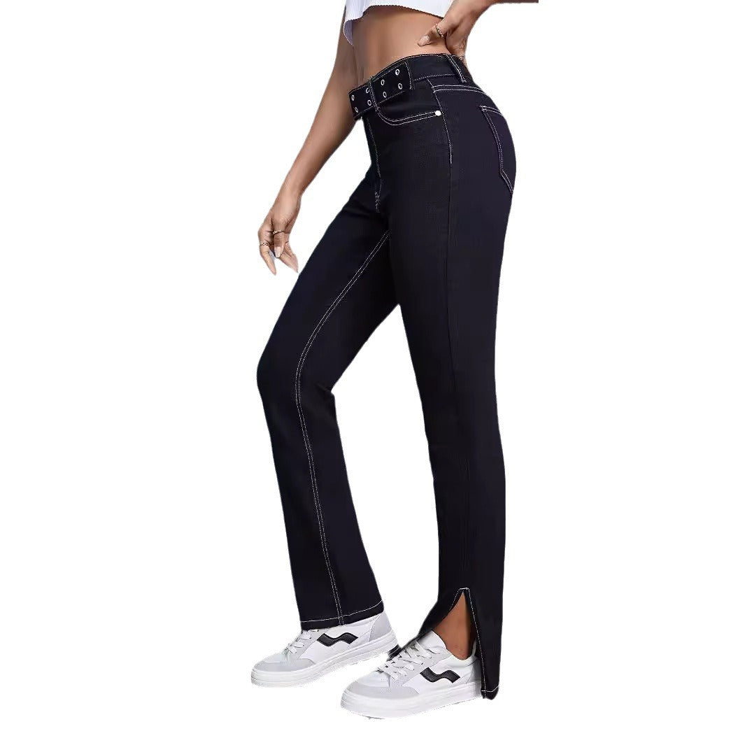 Damen Flared Jeans mit ausgefallener Knopfdetail und seitlichen Schlitzen Stalluxe