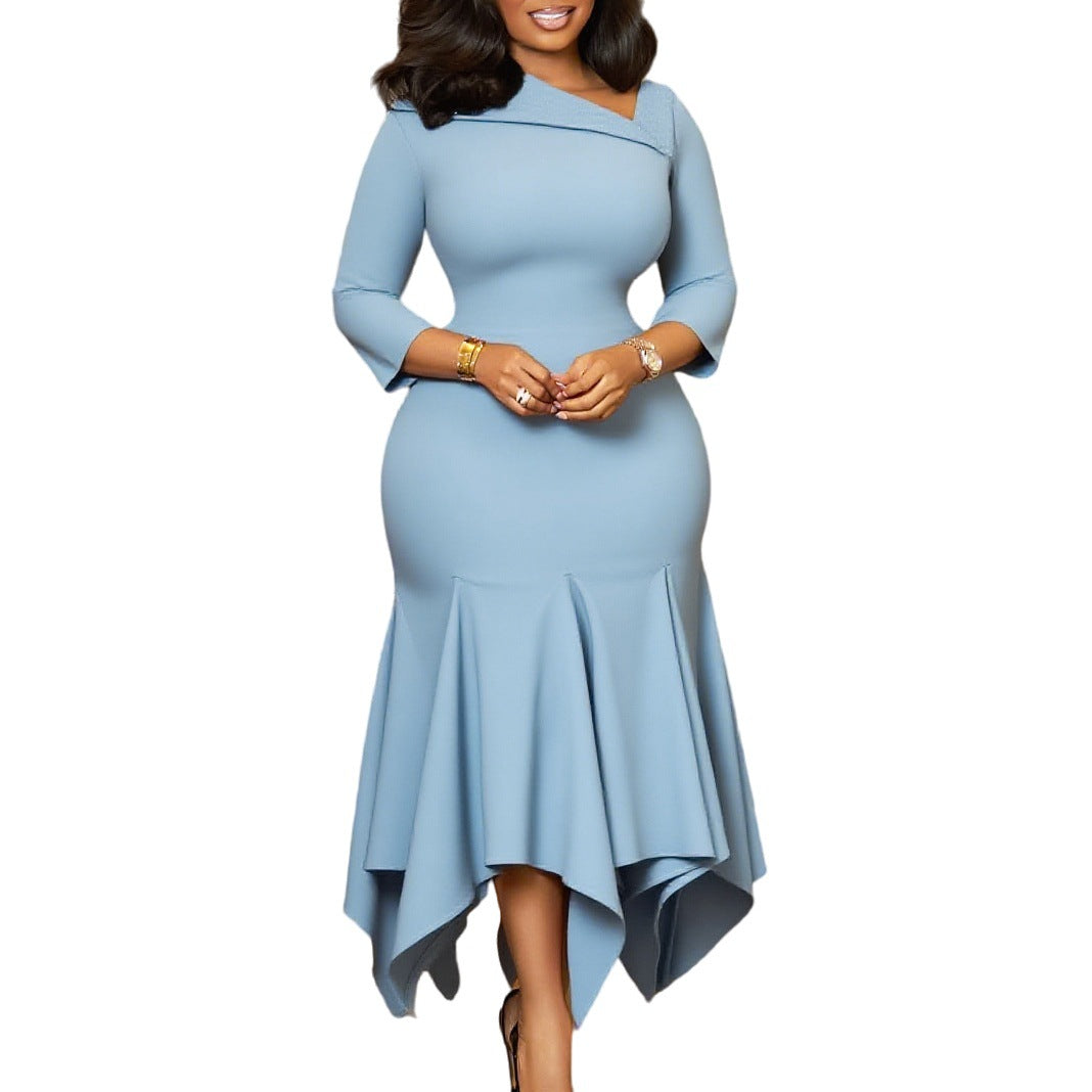 Damen Elegantes Midi-Kleid mit asymmetrischem Saum und Langarm Stalluxe