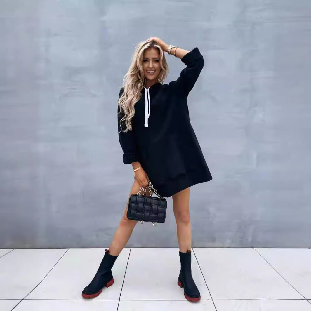 Damen lässiges Kapuzenkleid mit praktischen Eingrifftaschen und seitlichen Schlitzen Stalluxe