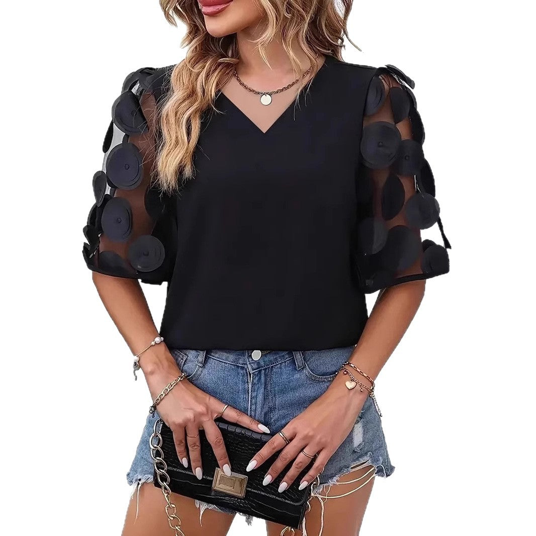 Damen Elegantes Oberteil mit transparenten Puffärmeln und V-Ausschnitt Stalluxe
