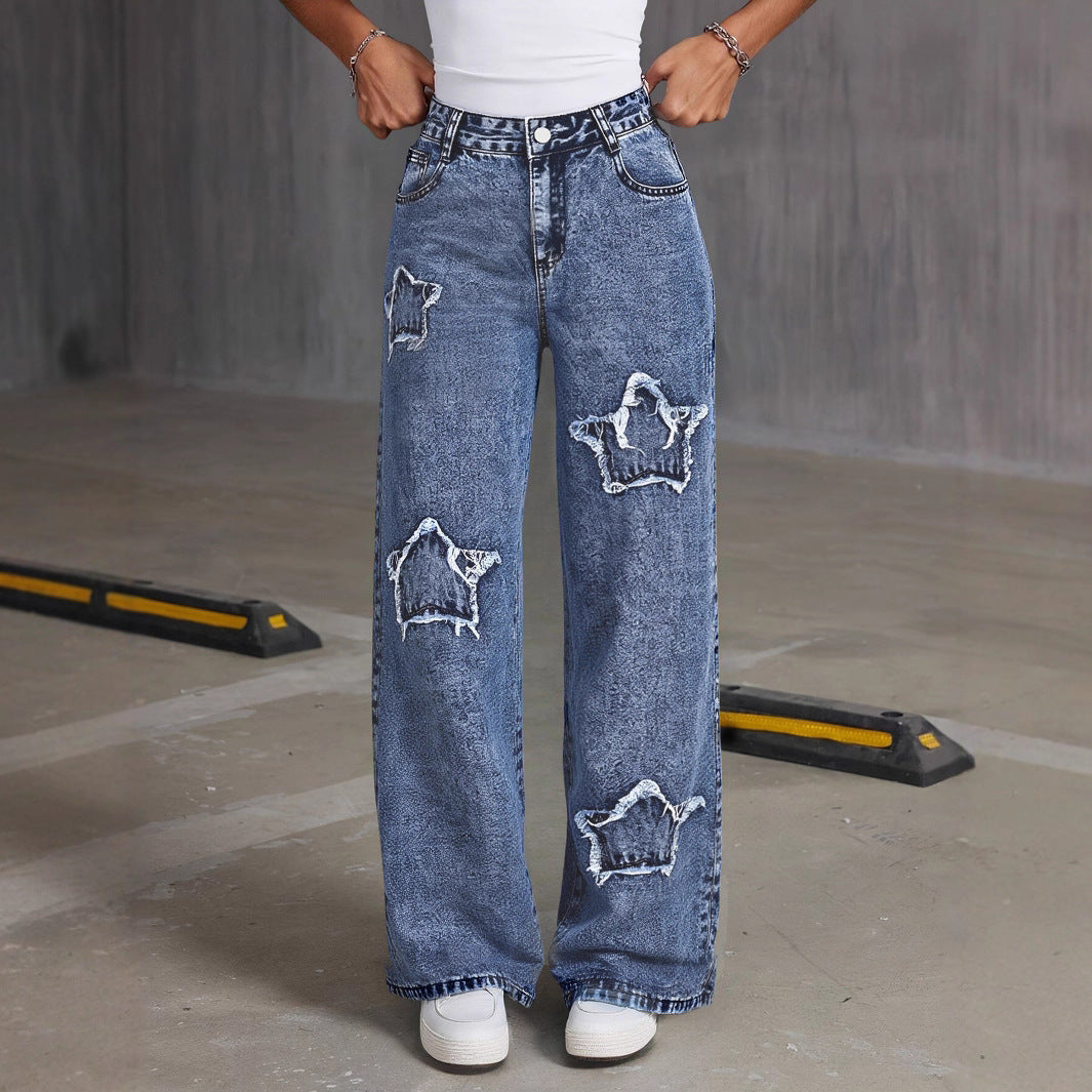 Damen Destroyed Jeans mit Sternenmotiv Stalluxe