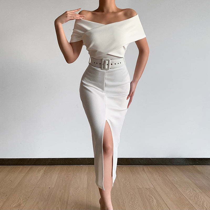 Damen figurbetontes Midi-Kleid mit Off-Shoulder-Ausschnitt und seitlichem Schlitz Stalluxe