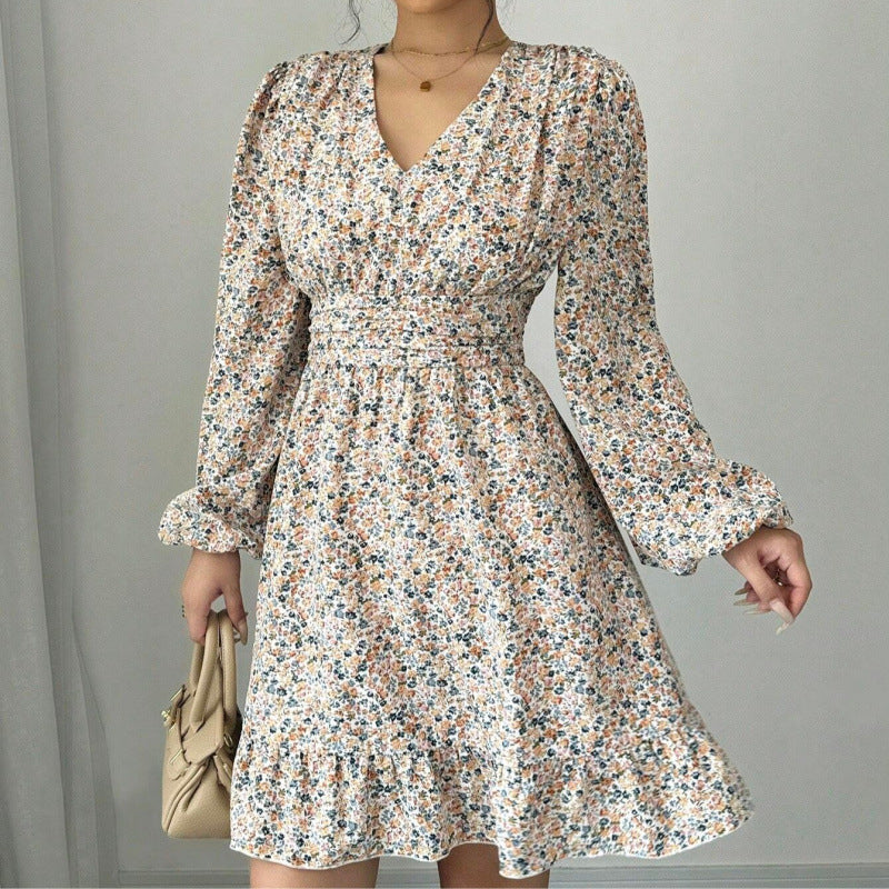 Damen Blütenverziertes Minikleid mit tiefem V-Ausschnitt und voluminösen Ärmeln Stalluxe