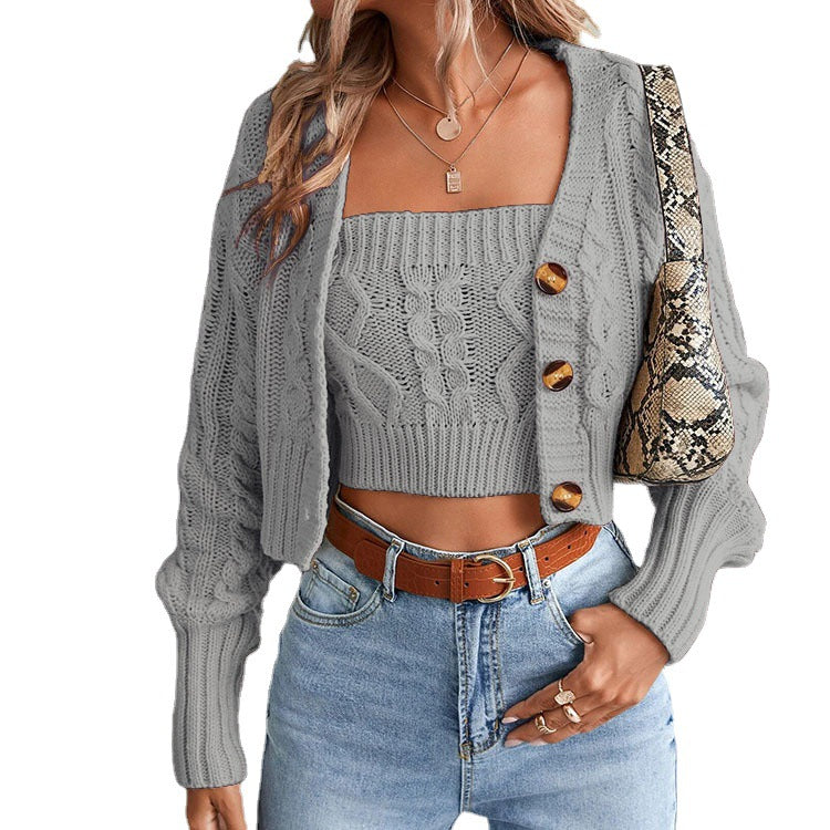 Damen lässiges Strick-Set mit offener Jacke und Crop-Top Stalluxe