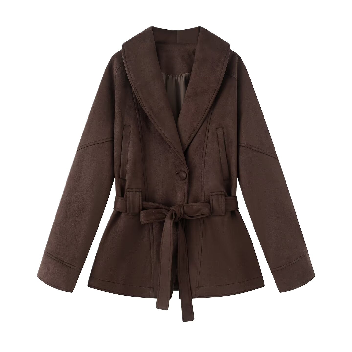 Damen elegante Suede-Jacke mit Taillengürtel und großem Revers Stalluxe