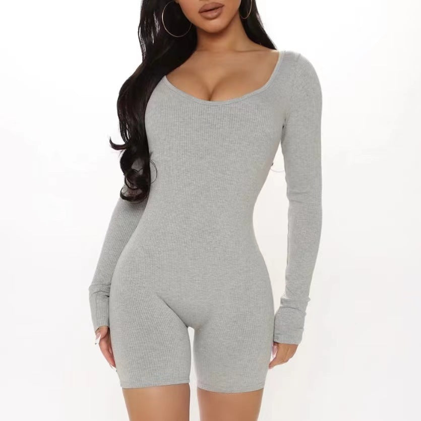 Damen Figurbetonter Jumpsuit mit langen Ärmeln und V-Ausschnitt Stalluxe