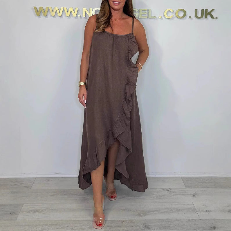 Damen luftiges Maxikleid mit asymmetrischem Saum und feinen Rüschendetails Stalluxe