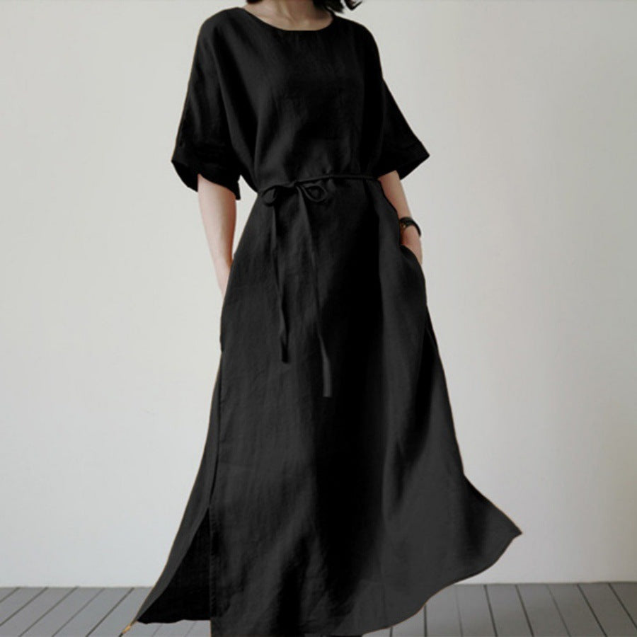Damen Leinenmaxikleid mit weit geschnittenen Ärmeln und Taillengürtel Stalluxe