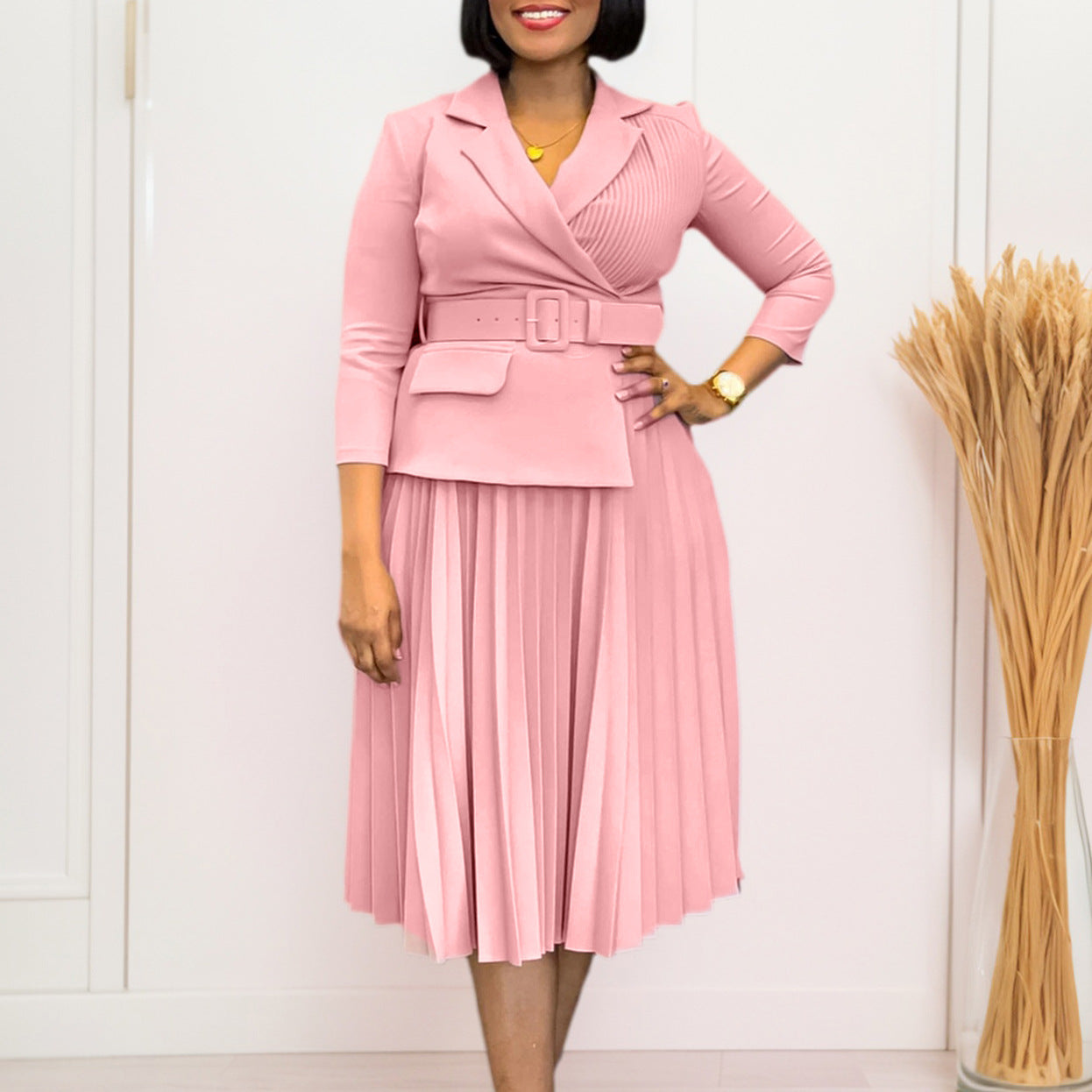 Damen Plissee-Blazer-Kleid mit Taillengürtel Stalluxe