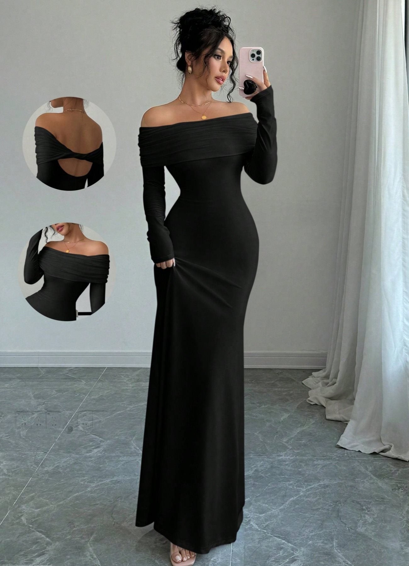 Damen elegantes Schulterfreies Langarm-Maxi-Kleid mit raffinierten Rückendetails Stalluxe