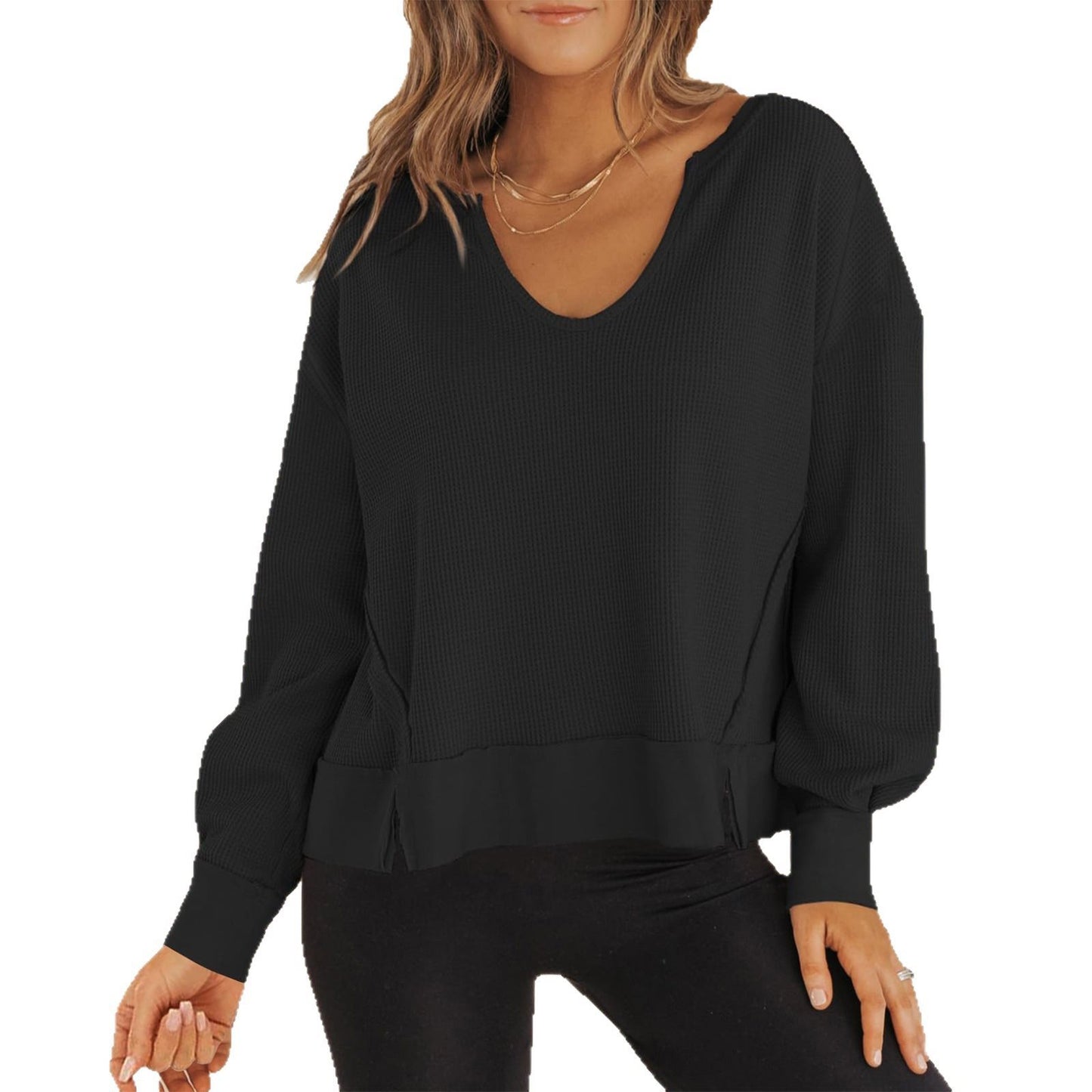 Damen Lässiger Pullover mit V-Ausschnitt und seitlichen Schlitzen Stalluxe