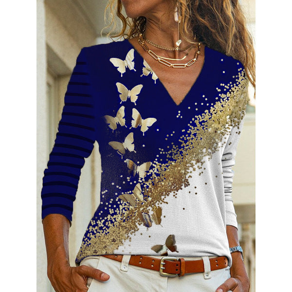 Women's V-Neck Floral Print Long Sleeve Top Stalluxe