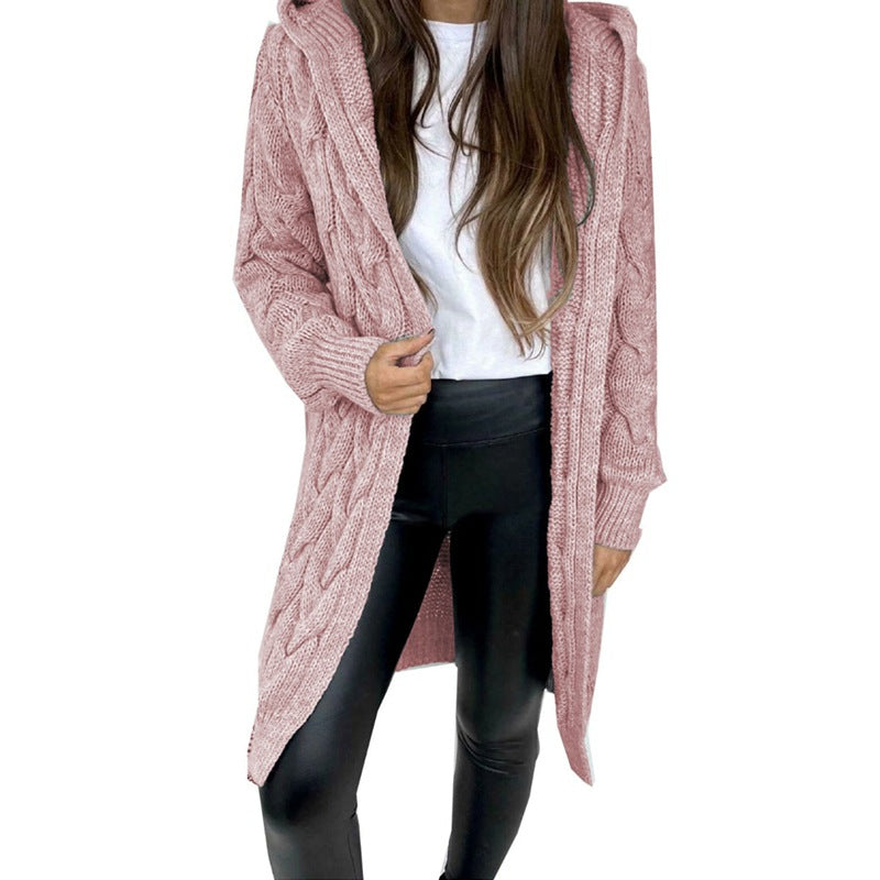 Damen Langer Strickmantel mit strukturiertem Zopfdesign und praktischer Kapuze Stalluxe