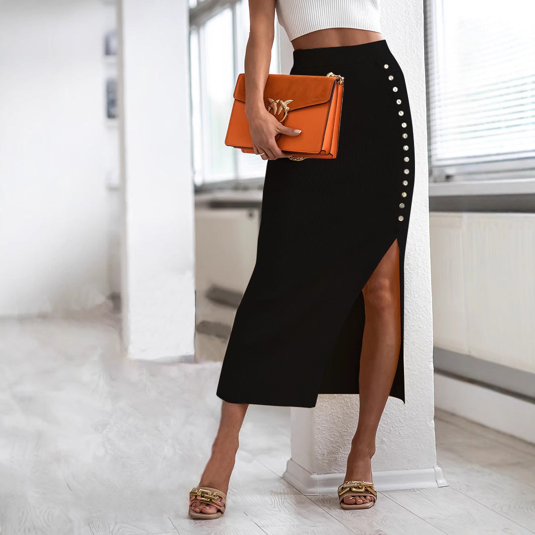 Damen Knielanger Strickrock mit seitlichem Schlitz und Knopfdetails Stalluxe