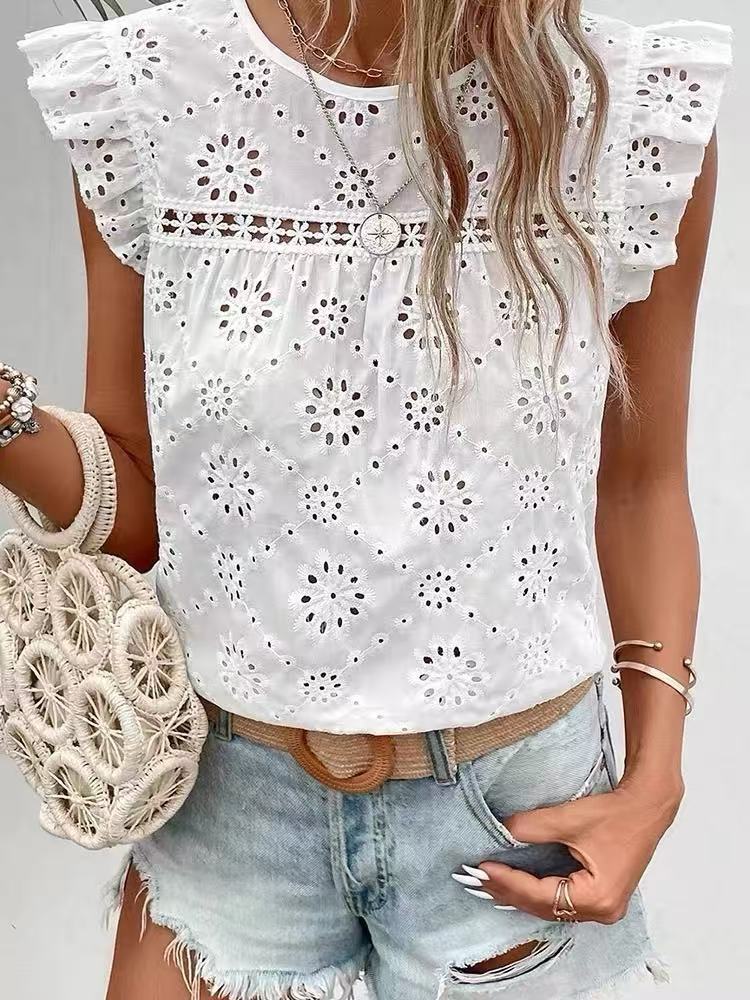 Damen Häkelbluse mit floralen Durchbrüchen und Rüschenärmel Stalluxe