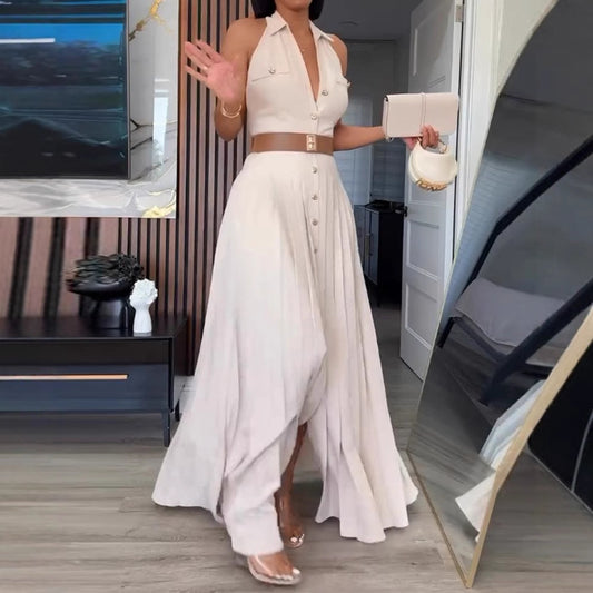 Damen Maxikleid mit Knopfdetails und schwingendem Rock Stalluxe