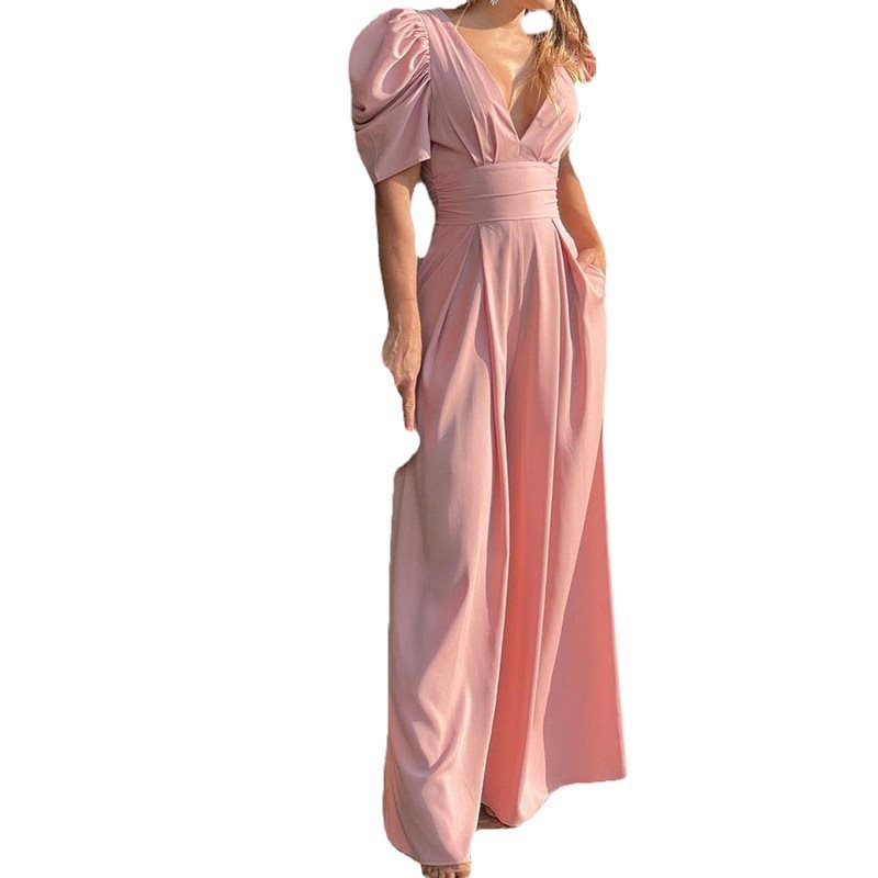 Damen elegantes Maxikleid mit Puffärmeln und tiefem V-Ausschnitt Stalluxe